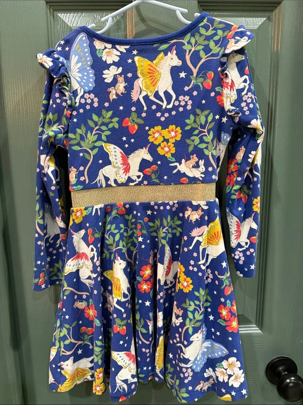Mini Boden Navy Unicorn & Floral Long-Sleeve Dress with Gold Waistband